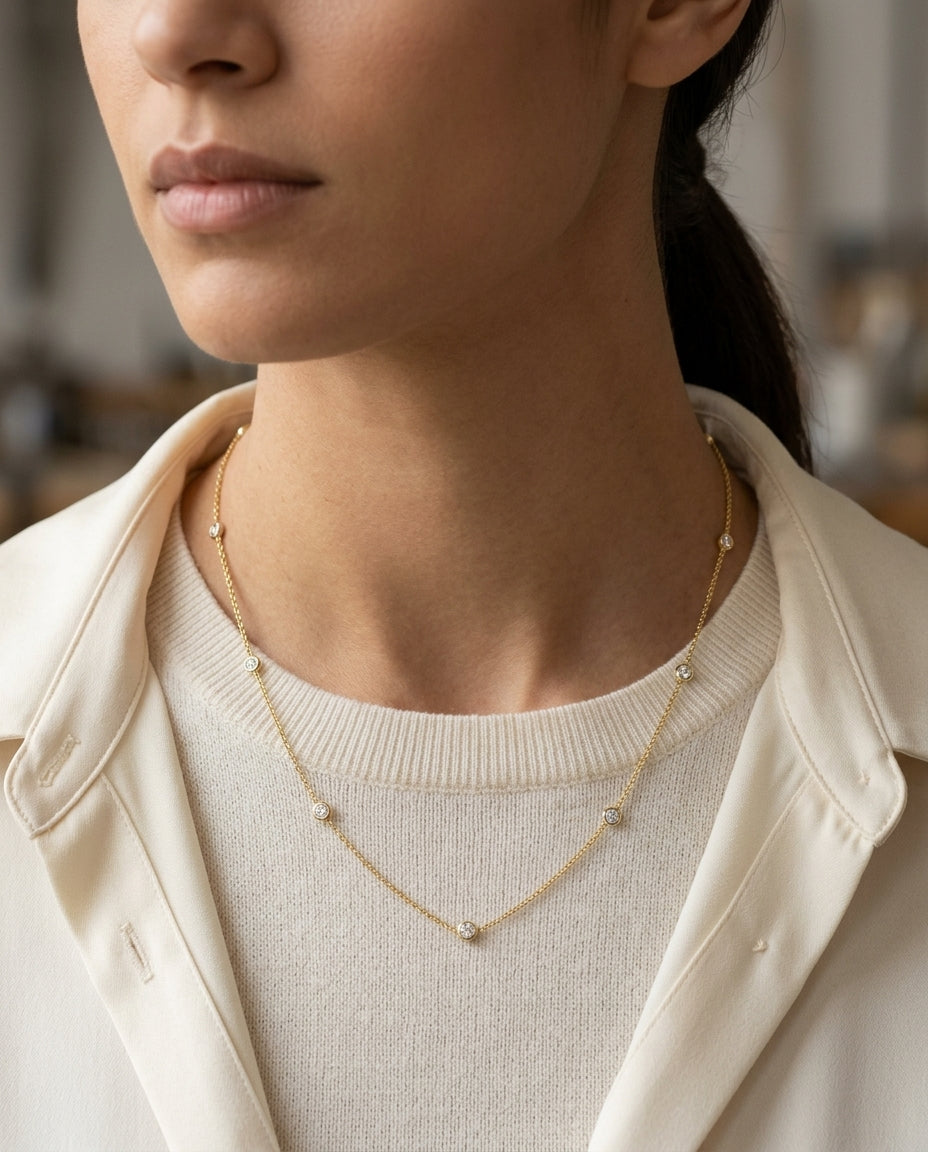 Diamonds By The Yard Round Bezel Necklace In 14k Yellow Gold — editorial close-up