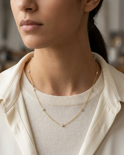 Diamonds By The Yard Round Bezel Necklace In 14k Yellow Gold — editorial close-up