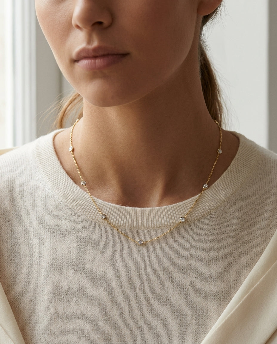 Diamonds By The Yard Round Bezel Necklace In 14k Yellow Gold — editorial close-up
