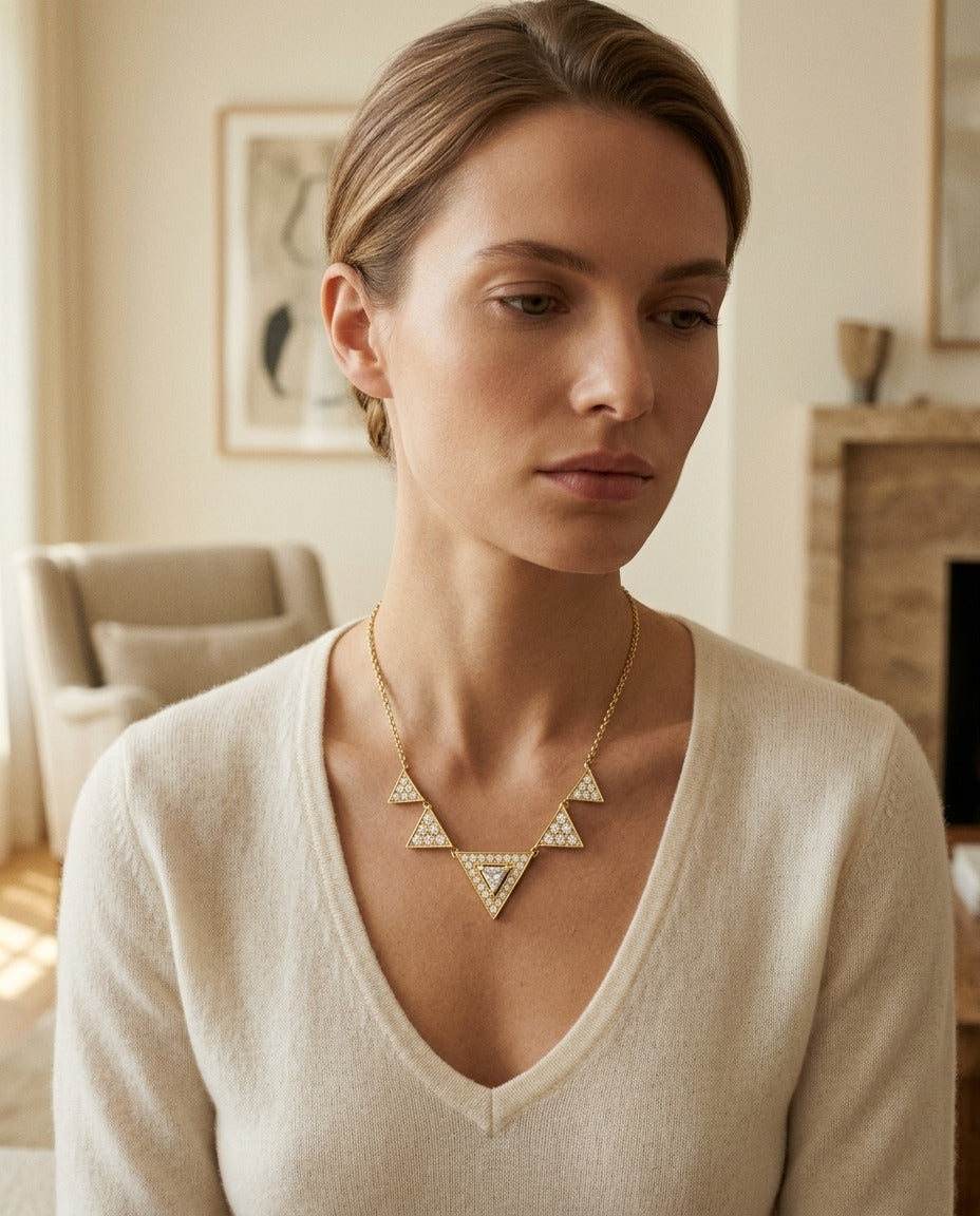 Diamond Trillion Triangle Necklace In 14k Yellow Gold — portrait close