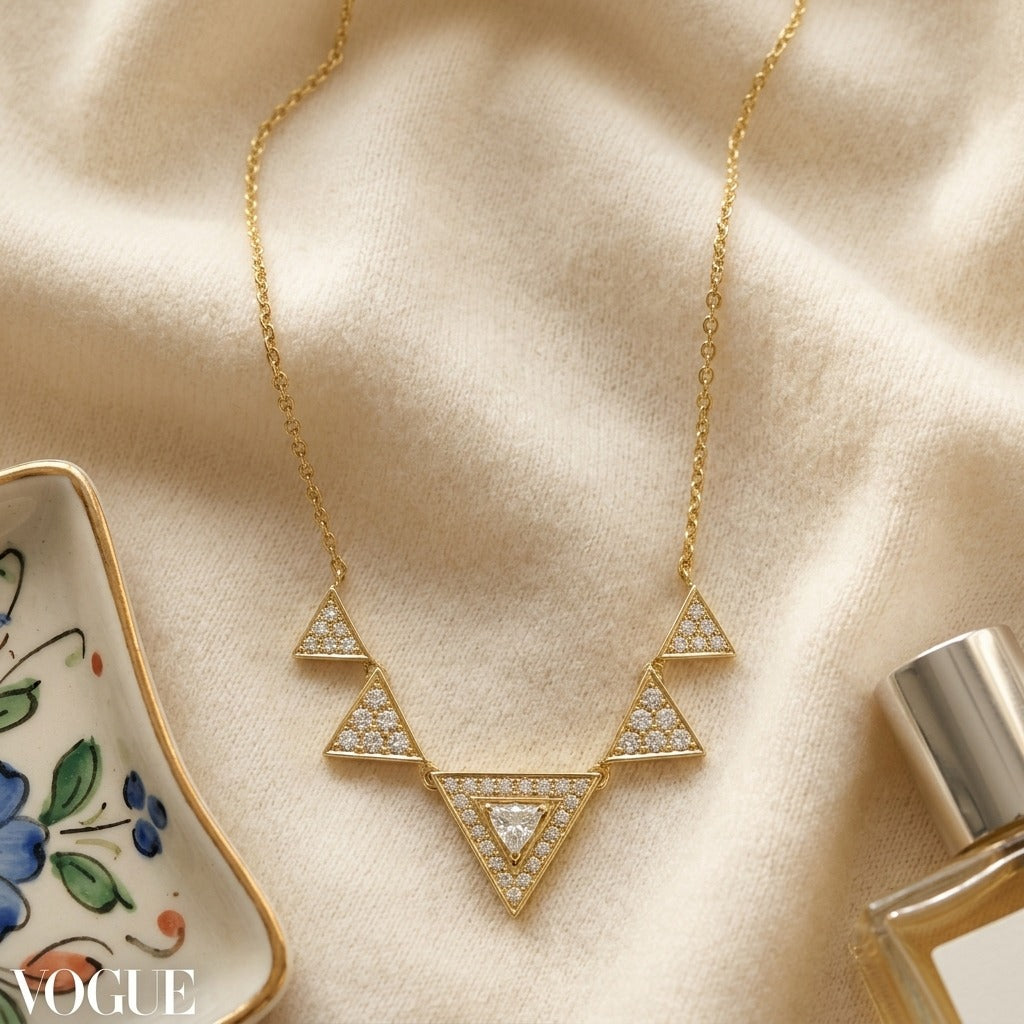 Diamond Trillion Triangle Necklace In 14k Yellow Gold — textile flat lay
