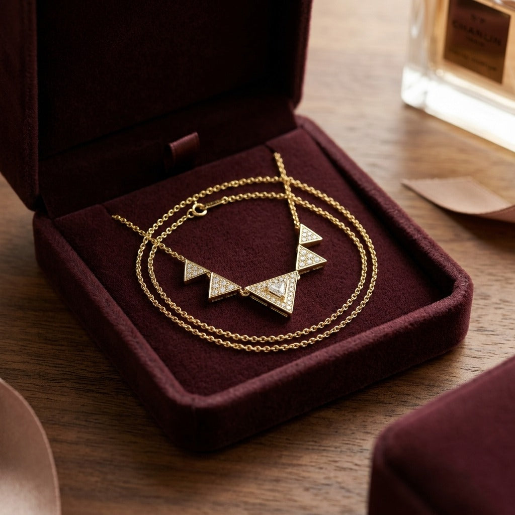 Diamond Trillion Triangle Necklace In 14k Yellow Gold — velvet box