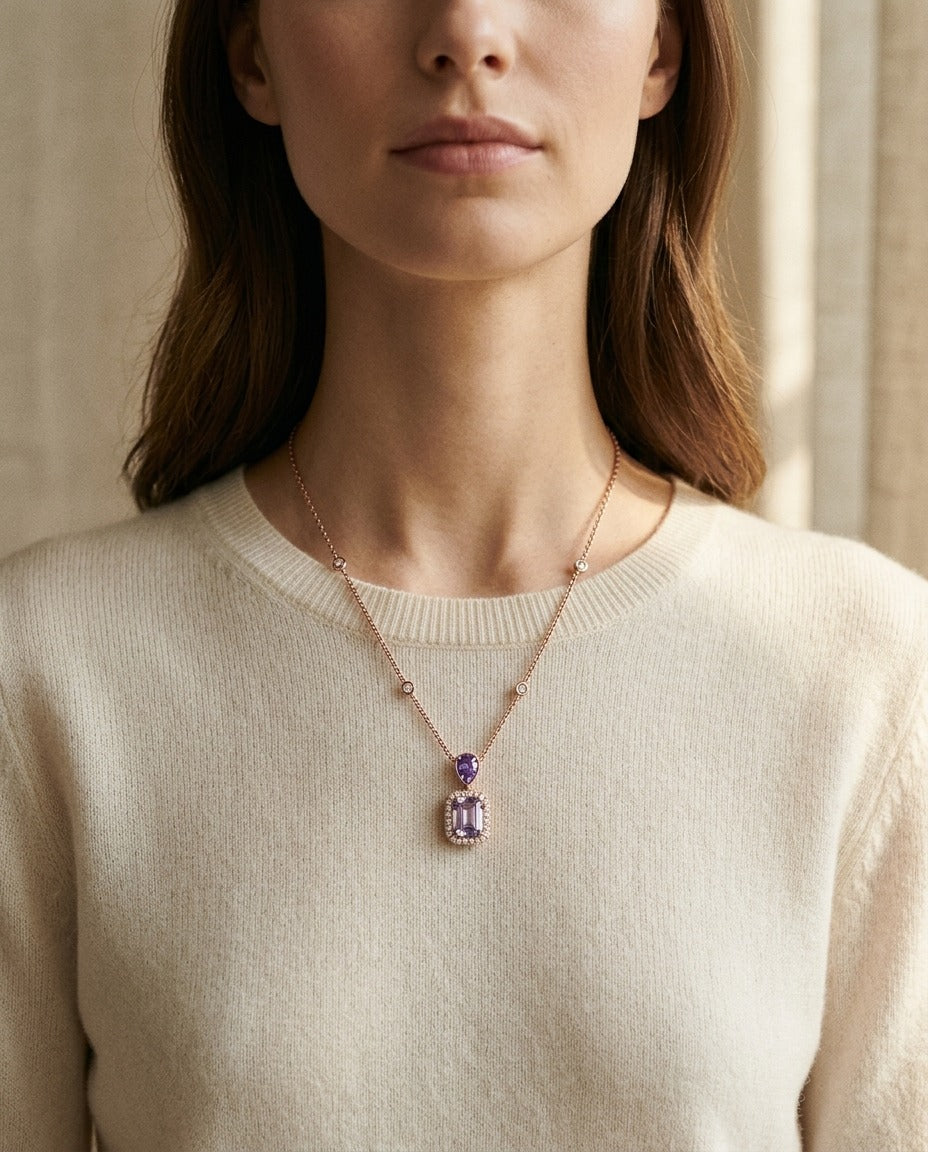Blue Topaz and Diamond Dangle Cushion Halo Necklace in 14k Yellow Gold with 18 Inch Chain — portrait close