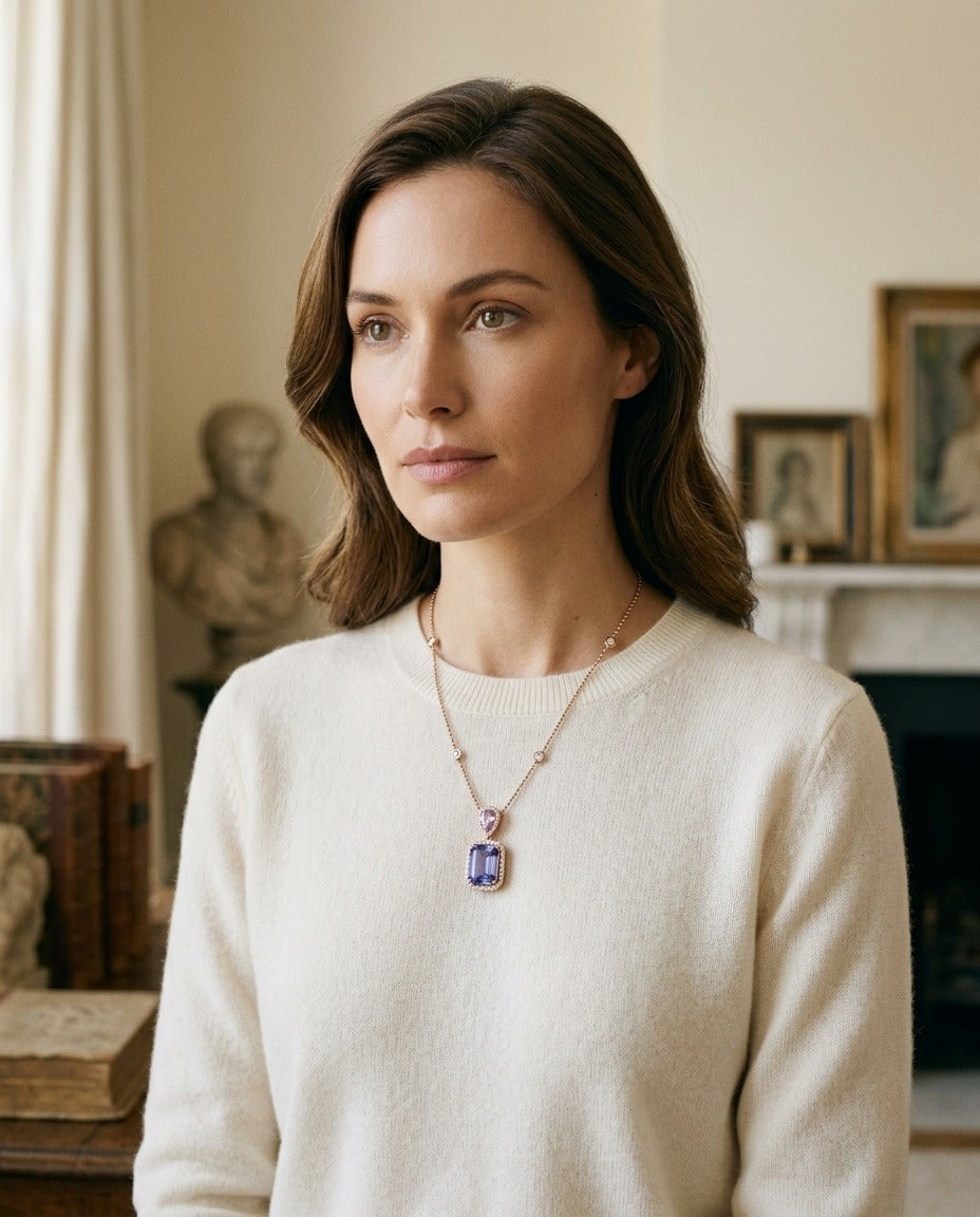 Blue Topaz and Diamond Dangle Cushion Halo Necklace in 14k Yellow Gold with 18 Inch Chain — portrait full