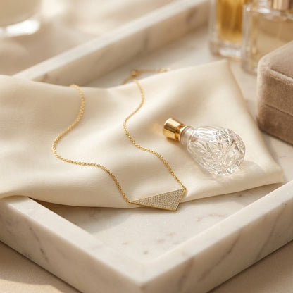 Diamond Micro-Pave Assymetric Triangle Necklace in 14k Yellow Gold 16-18in Adj Chain — marble silk