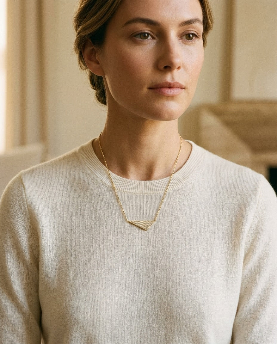 Diamond Micro-Pave Assymetric Triangle Necklace in 14k Yellow Gold 16-18in Adj Chain — portrait close
