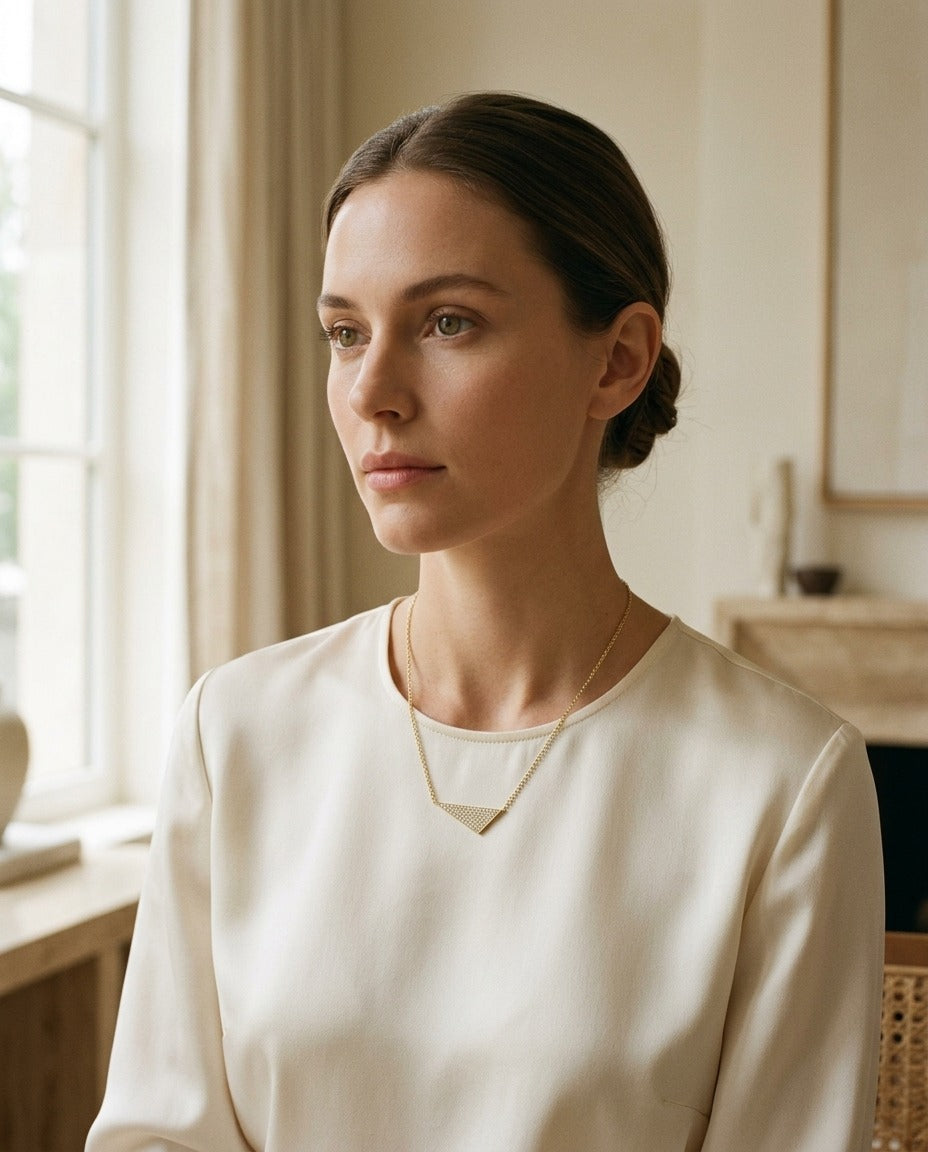 Diamond Micro-Pave Assymetric Triangle Necklace in 14k Yellow Gold 16-18in Adj Chain — portrait full