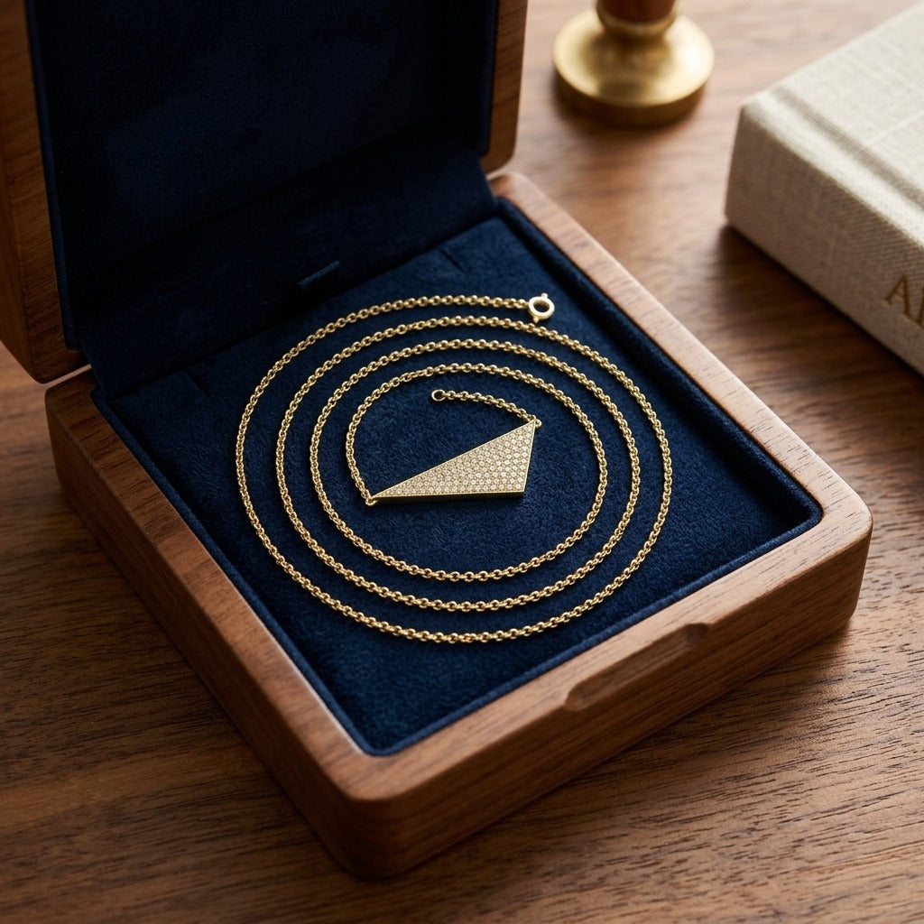 Diamond Micro-Pave Assymetric Triangle Necklace in 14k Yellow Gold 16-18in Adj Chain — velvet box