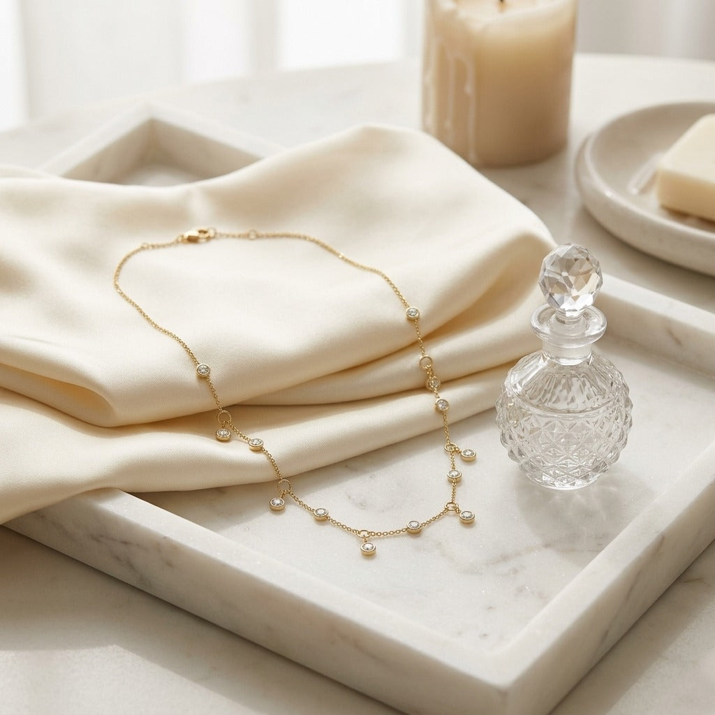 Diamond Station Necklace with Fixed and Dangling Bezels in 14k Yellow Gold — marble silk