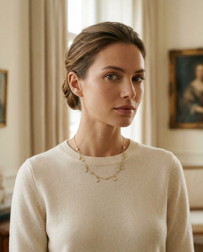 Diamond Station Necklace with Fixed and Dangling Bezels in 14k Yellow Gold — portrait full