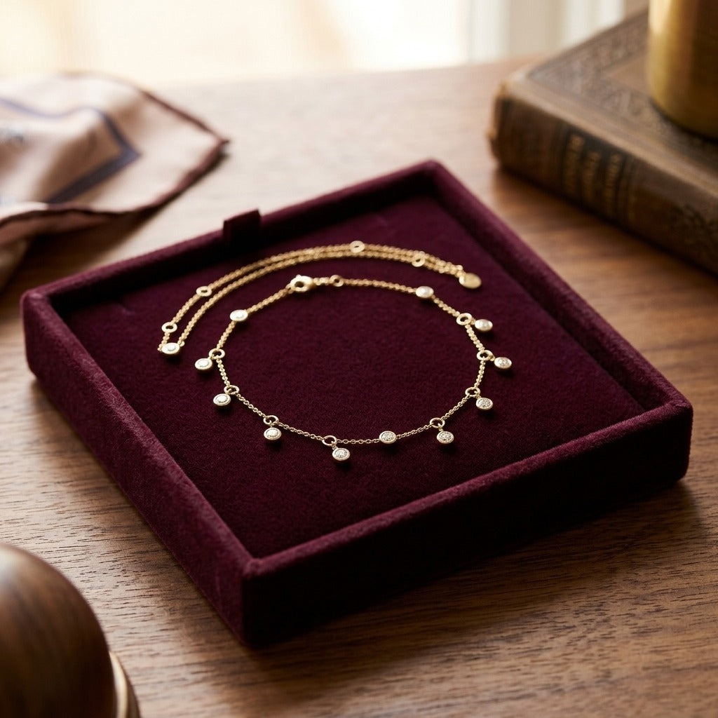 Diamond Station Necklace with Fixed and Dangling Bezels in 14k Yellow Gold — velvet box