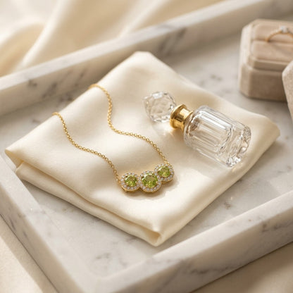 Peridot and Diamond Round Halo Trio Necklace in 14k Yellow Gold — marble silk