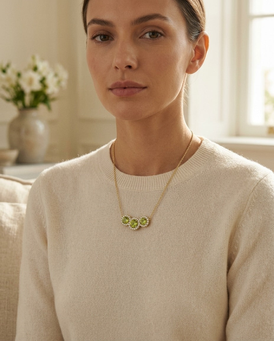 Peridot and Diamond Round Halo Trio Necklace in 14k Yellow Gold — portrait close