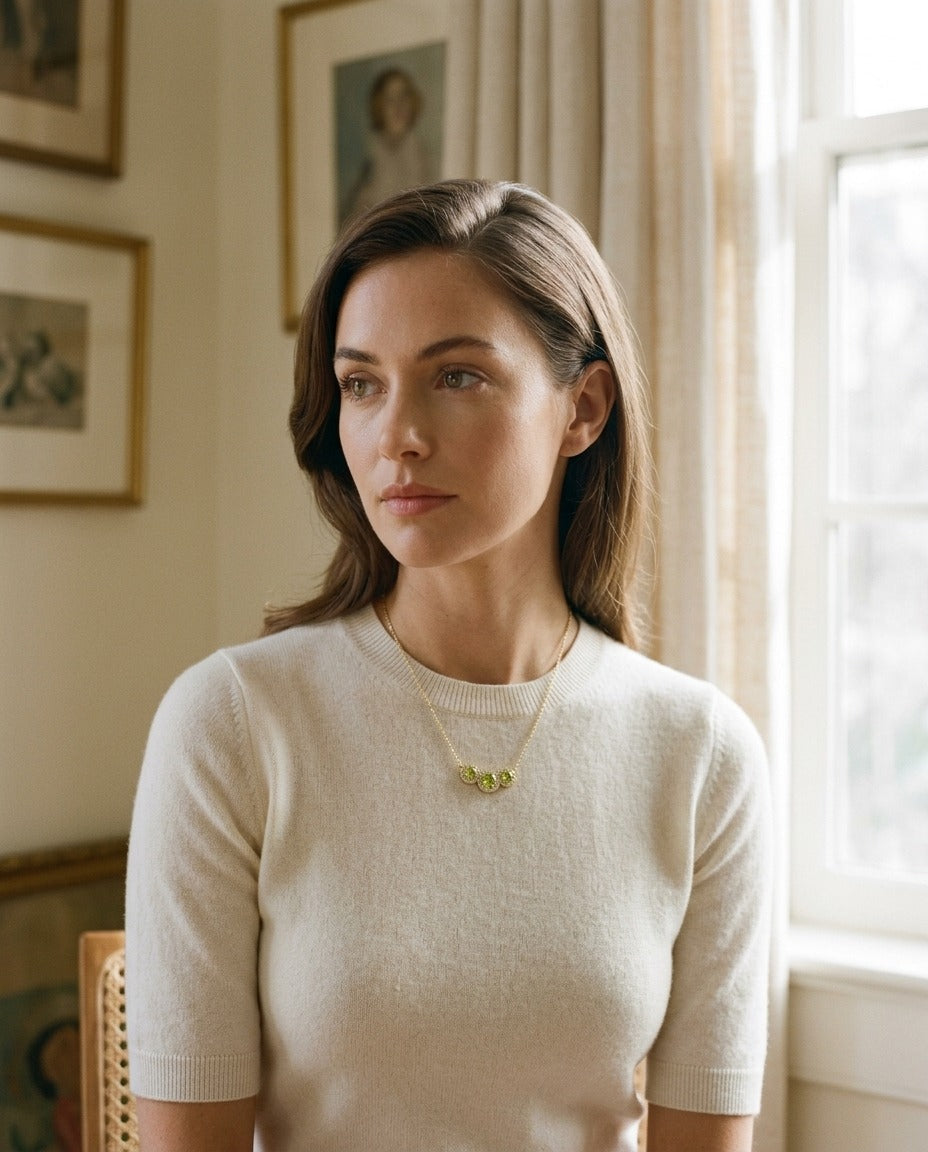Peridot and Diamond Round Halo Trio Necklace in 14k Yellow Gold — portrait full