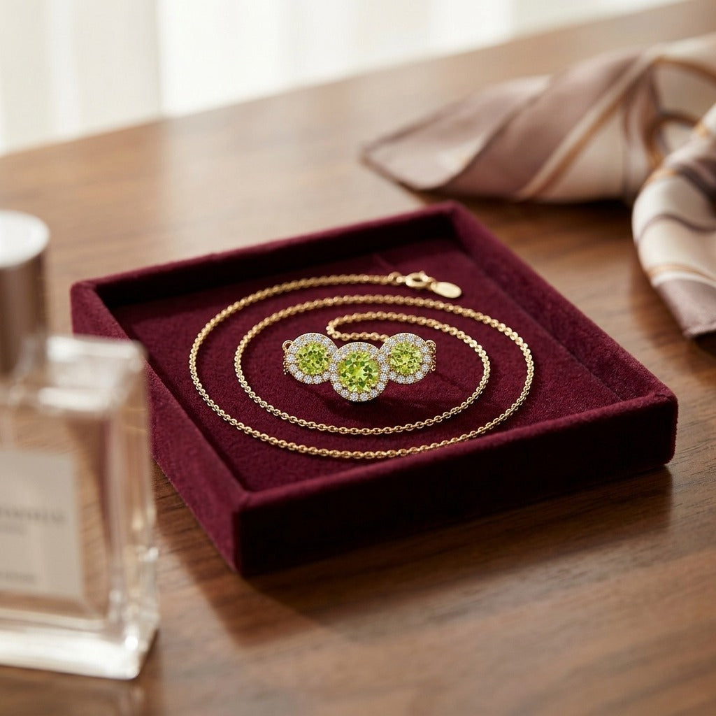Peridot and Diamond Round Halo Trio Necklace in 14k Yellow Gold — velvet box