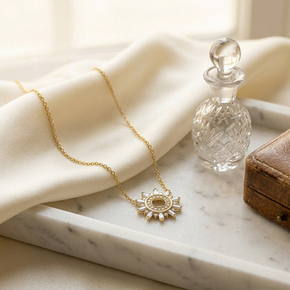 Diamond Round and Straight Baguette Starburst Necklace in 14k Yellow Gold — marble silk