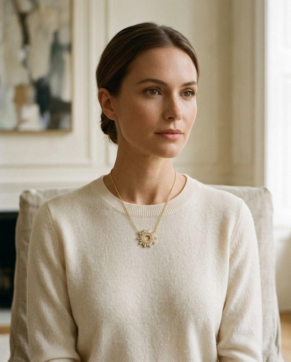 Diamond Round and Straight Baguette Starburst Necklace in 14k Yellow Gold — portrait close