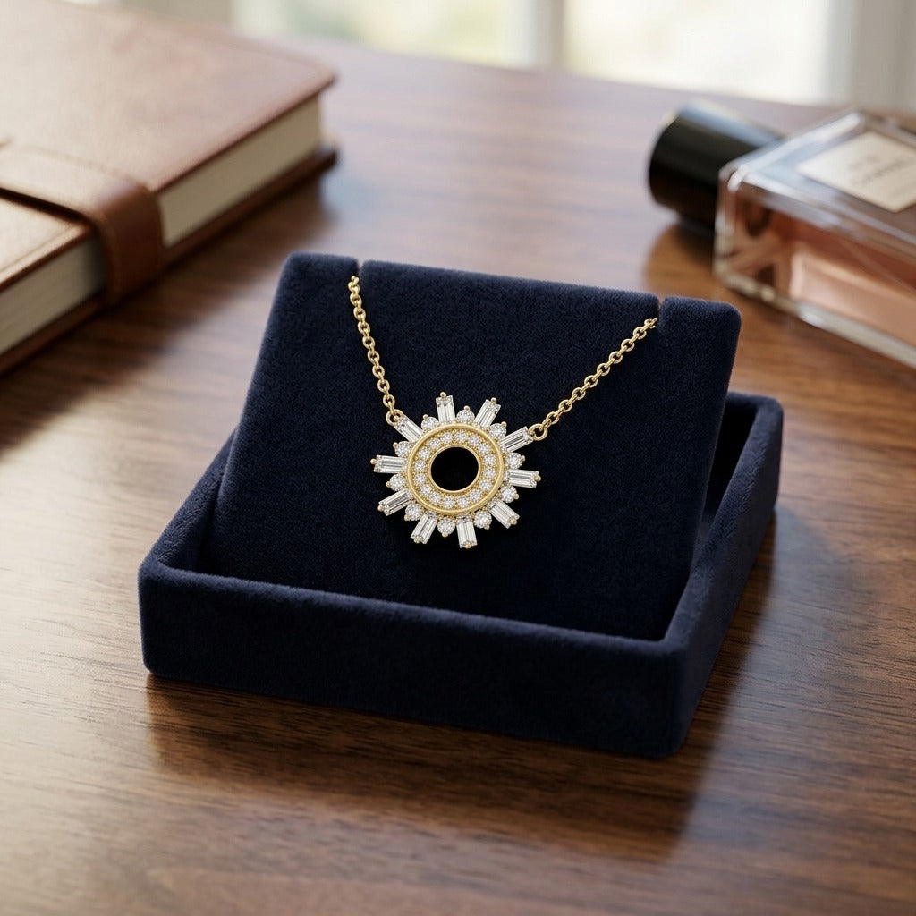 Diamond Round and Straight Baguette Starburst Necklace in 14k Yellow Gold — velvet box