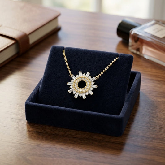 Diamond Round and Straight Baguette Starburst Necklace in 14k Yellow Gold — velvet box