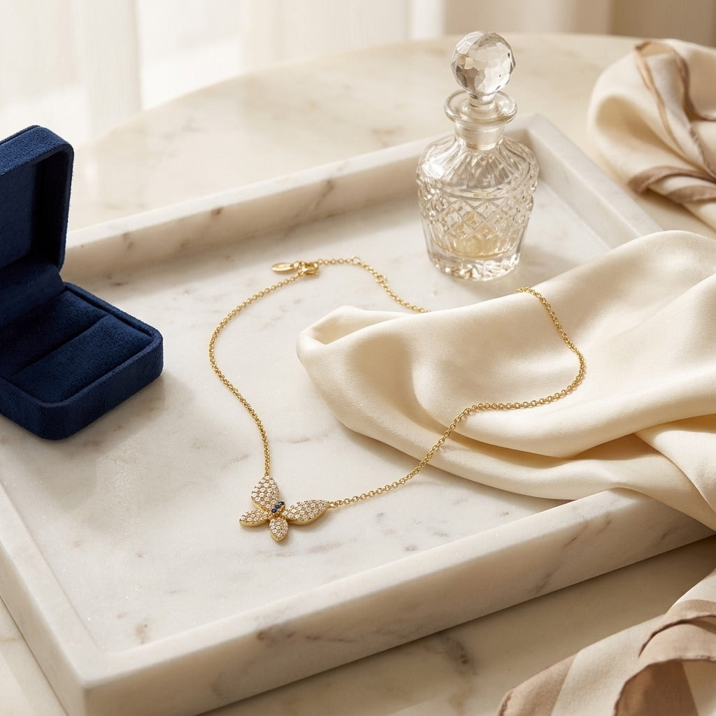 Diamond 1/2ctw & Blue Sapphire Necklace 16-18 Adj Chain Set in 14k Yellow Gold — marble silk