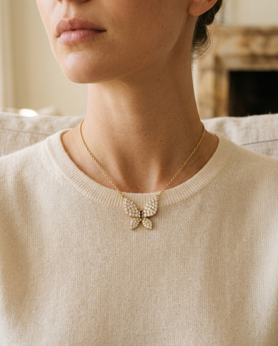 Diamond 1/2ctw & Blue Sapphire Necklace 16-18 Adj Chain Set in 14k Yellow Gold — portrait close