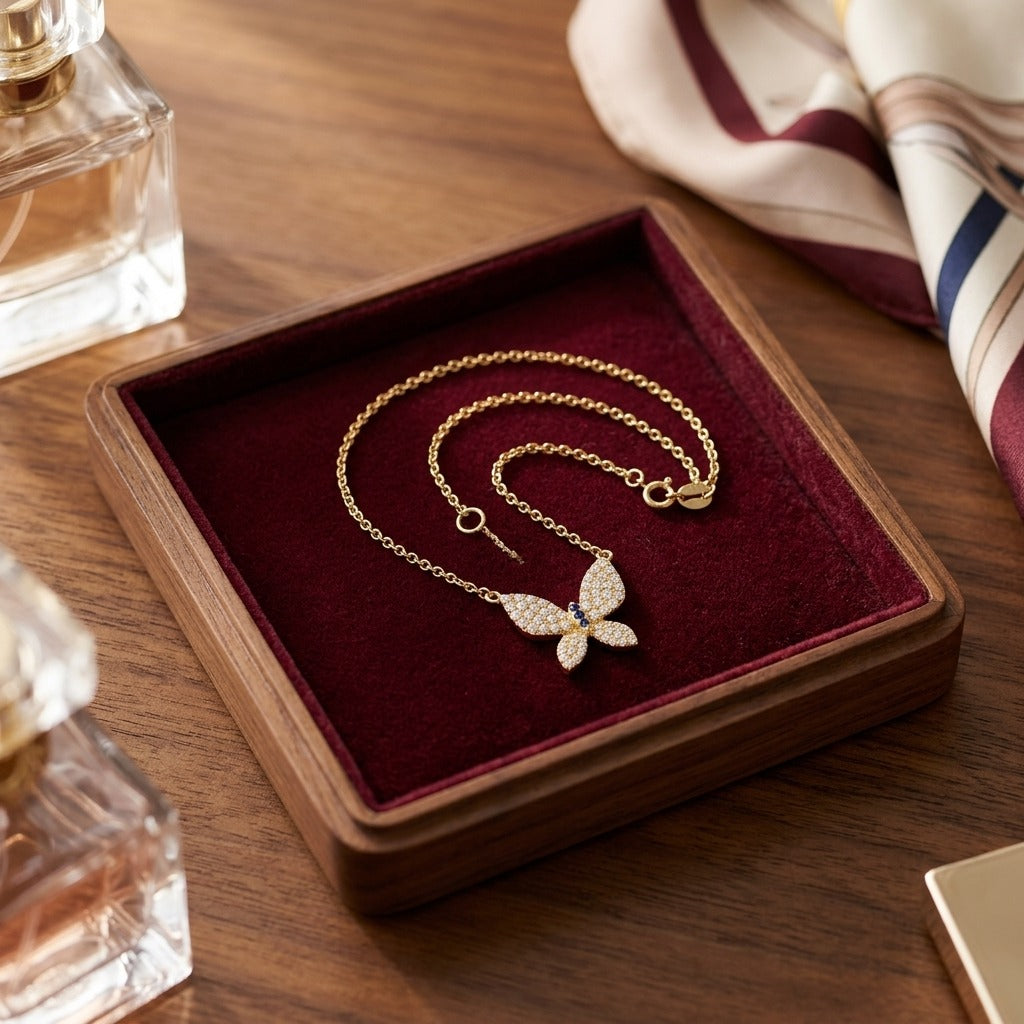 Diamond 1/2ctw & Blue Sapphire Necklace 16-18 Adj Chain Set in 14k Yellow Gold — velvet box