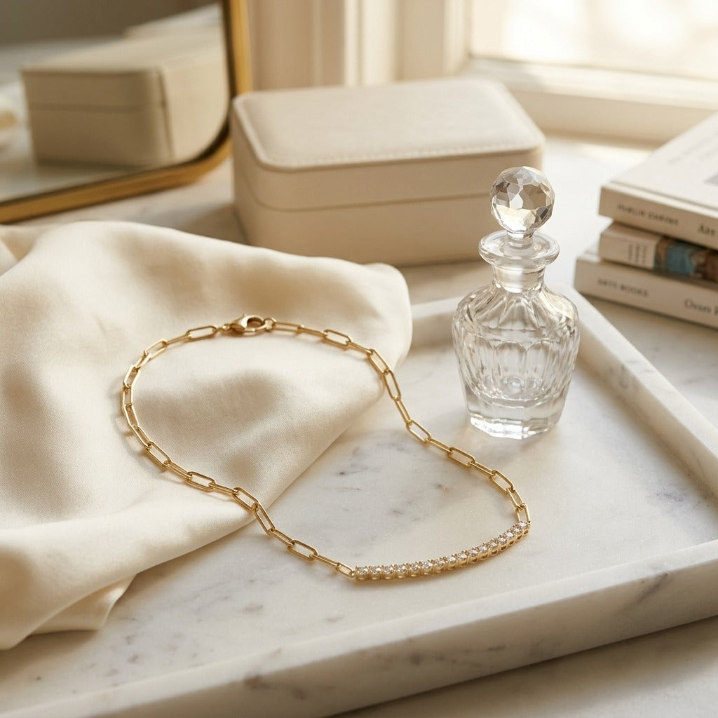 Ruby and Diamond Curved Bar 9/10ctw Paperclip Chain 16" Necklace in 14k Yellow Gold — marble silk