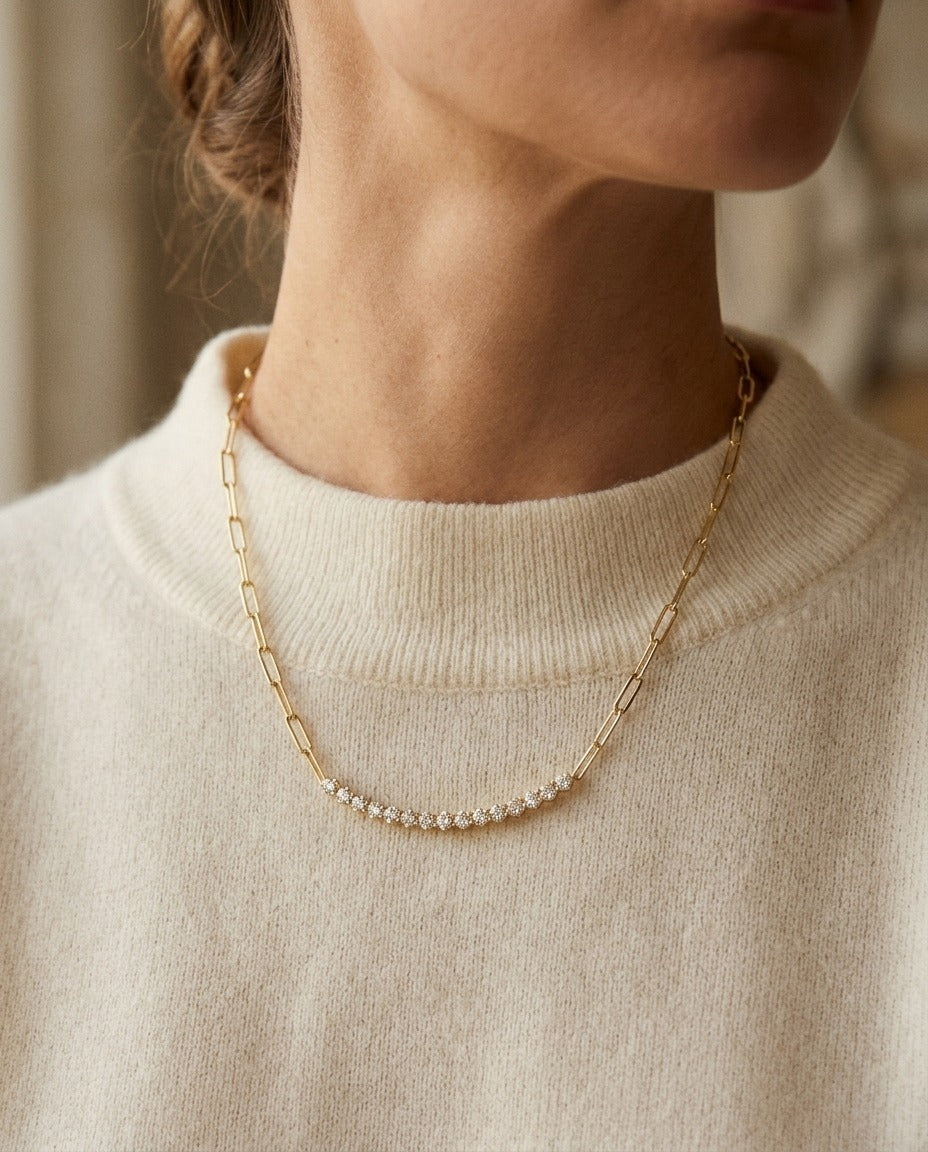 Ruby and Diamond Curved Bar 9/10ctw Paperclip Chain 16" Necklace in 14k Yellow Gold — portrait close