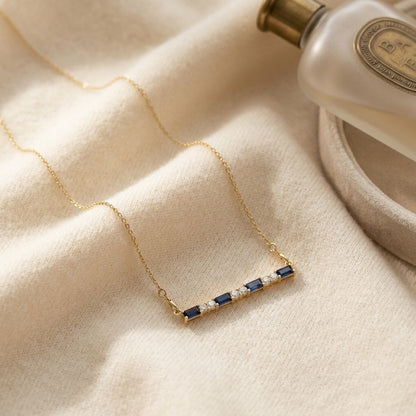 Citrine Bar with Round Diamond Necklace in 14k Yellow Gold — textile flat lay