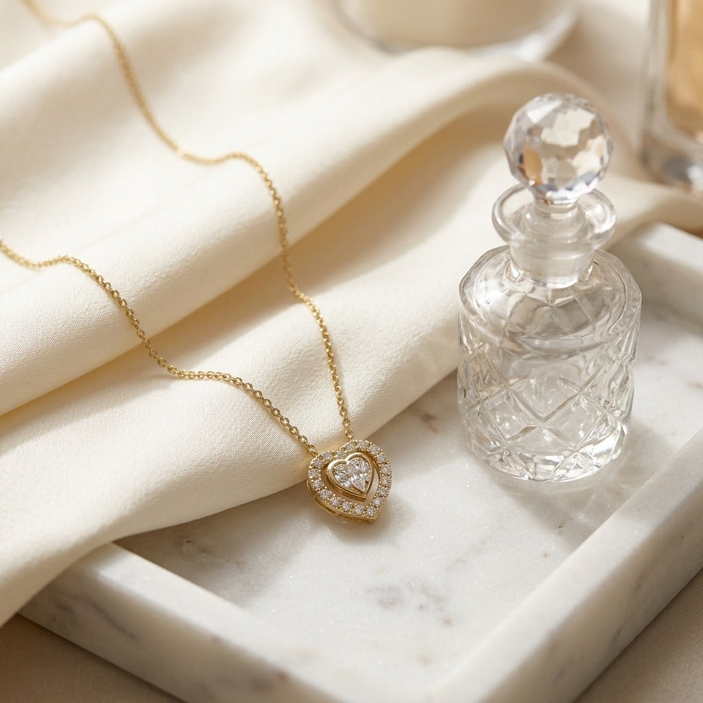 Diamond Heart Necklace in 14k Yellow Gold 3/8ctw 16-18 Inch Adjustable Chain — marble silk