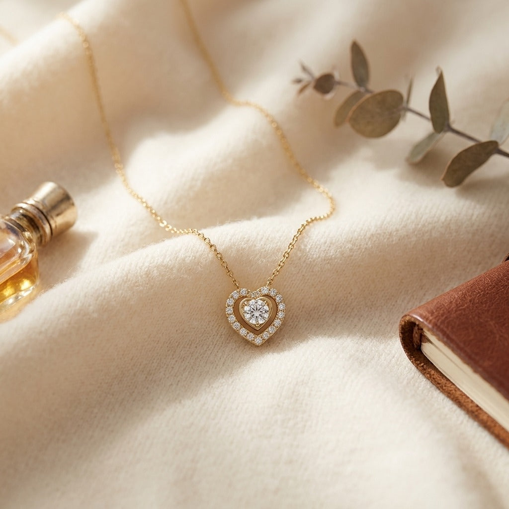 Diamond Heart Necklace in 14k Yellow Gold 3/8ctw 16-18 Inch Adjustable Chain — textile flat lay