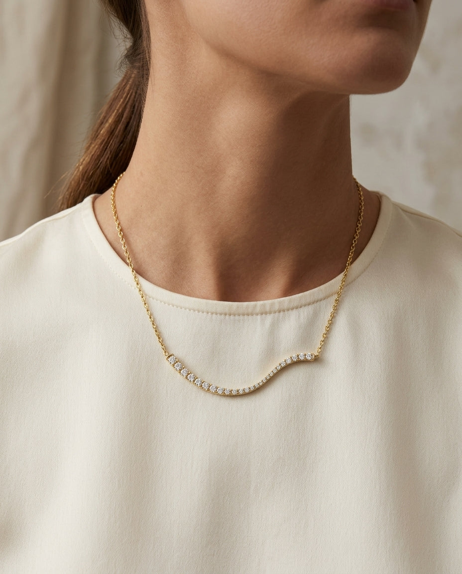 Diamond Wave Necklace in 14k Yellow Gold 1/2ctw — editorial close-up