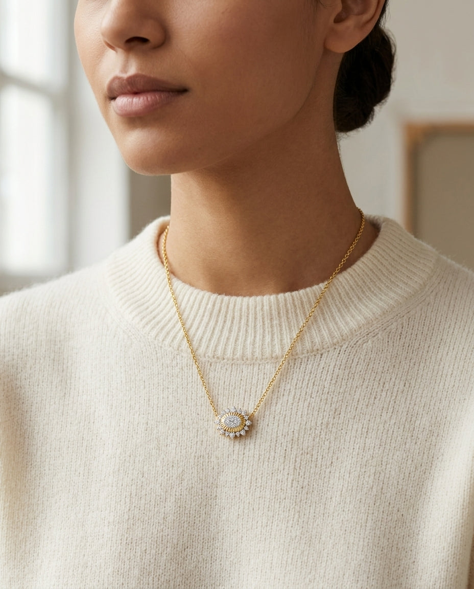 Diamond Sideways Oval Sunray Necklace in 14k Yellow Gold 3/8ctw — editorial close-up
