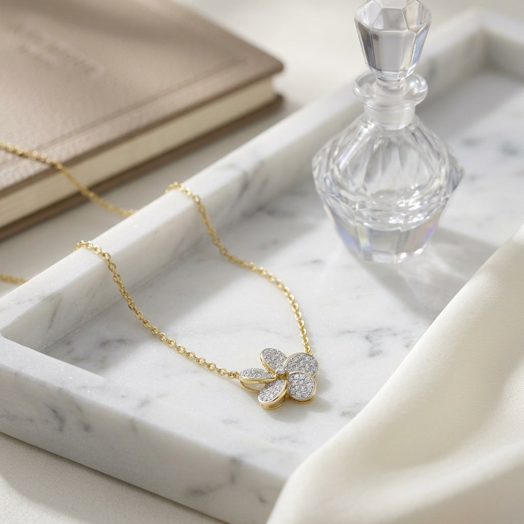 Diamond Flower Necklace in 14k Yellow Gold 1/3ctw — atelier still life