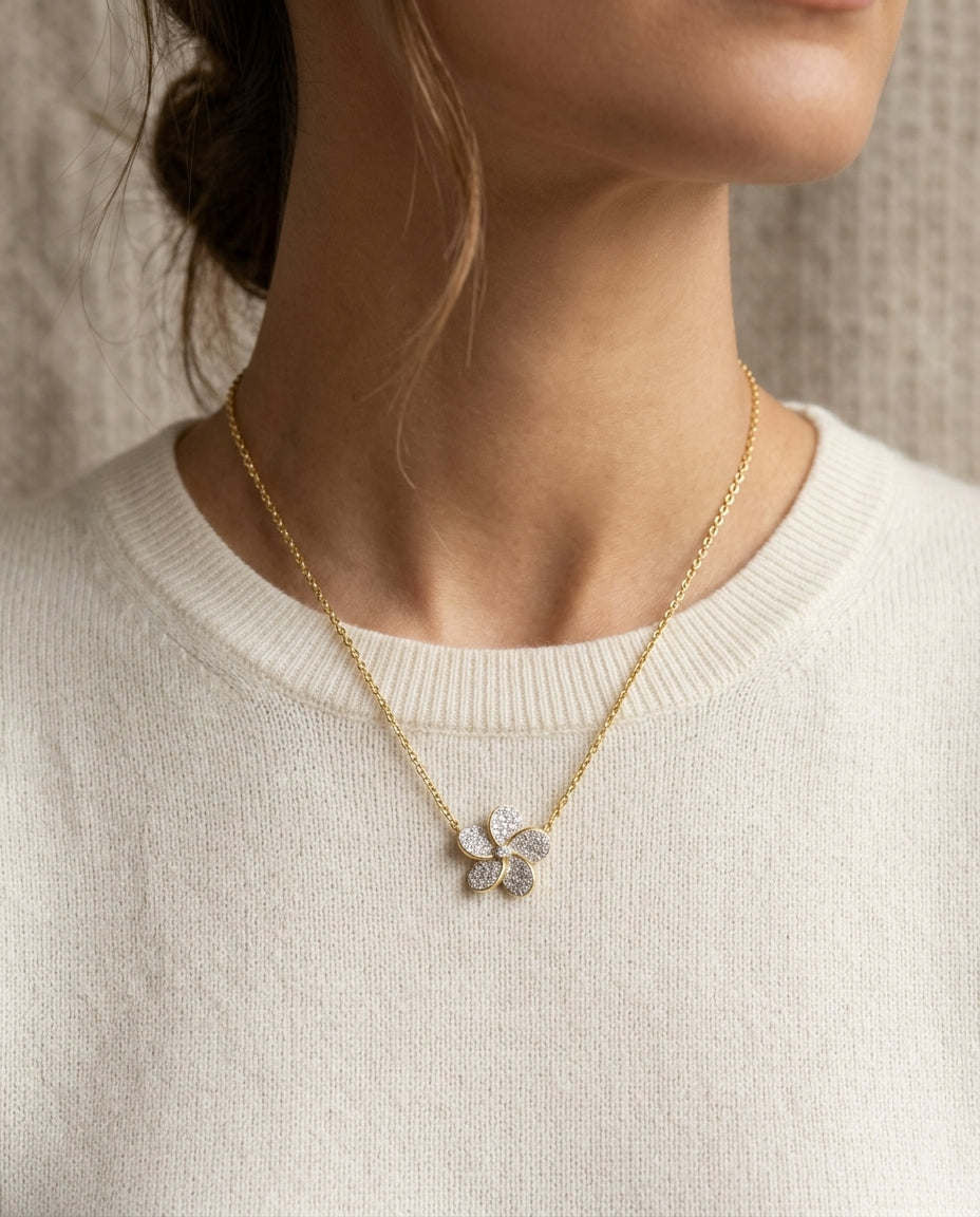 Diamond Flower Necklace in 14k Yellow Gold 1/3ctw — editorial close-up