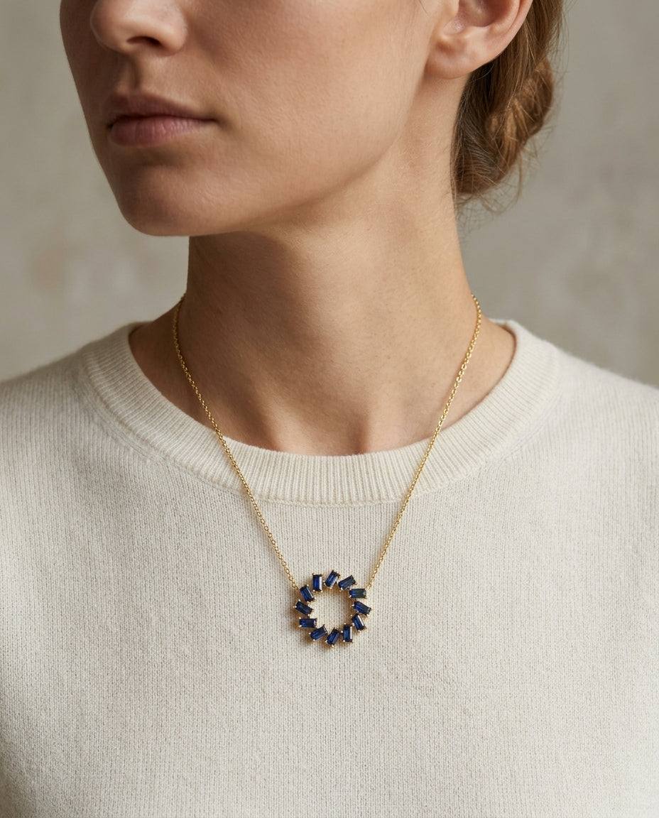Sapphire Baguette Wreath Necklace In 14k Yellow Gold — editorial close-up