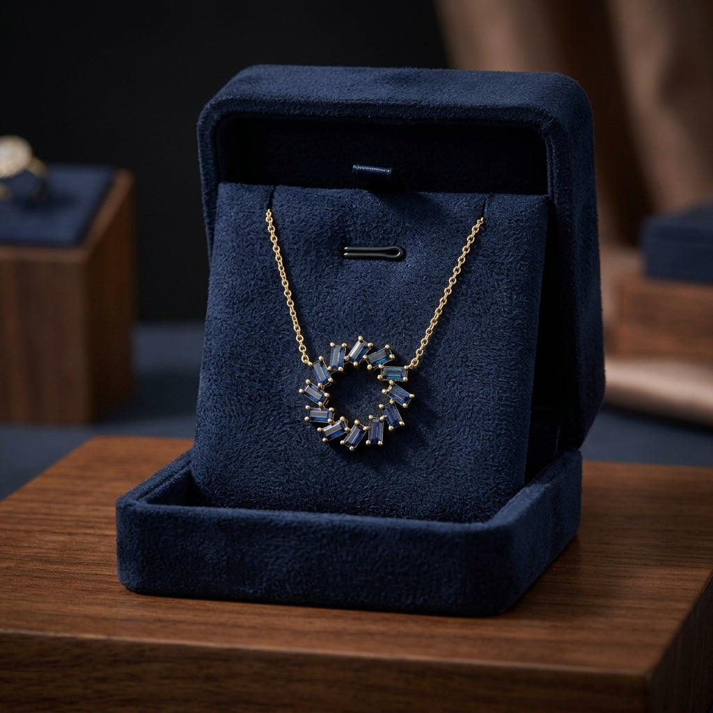 Sapphire Baguette Wreath Necklace In 14k Yellow Gold — gift presentation