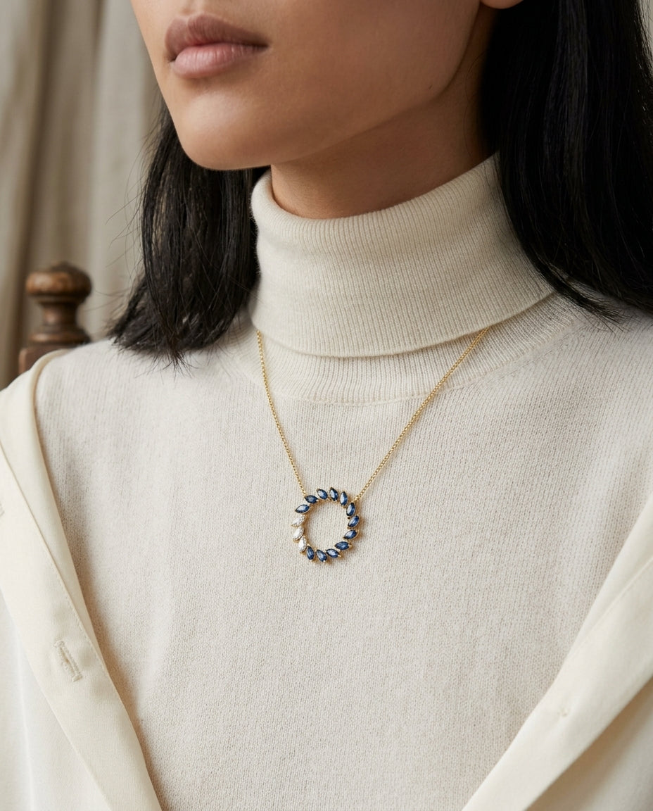 Sapphire And Diamond Marquise Wreath Necklace In 14k Yellow Gold 1/5ctw — editorial close-up