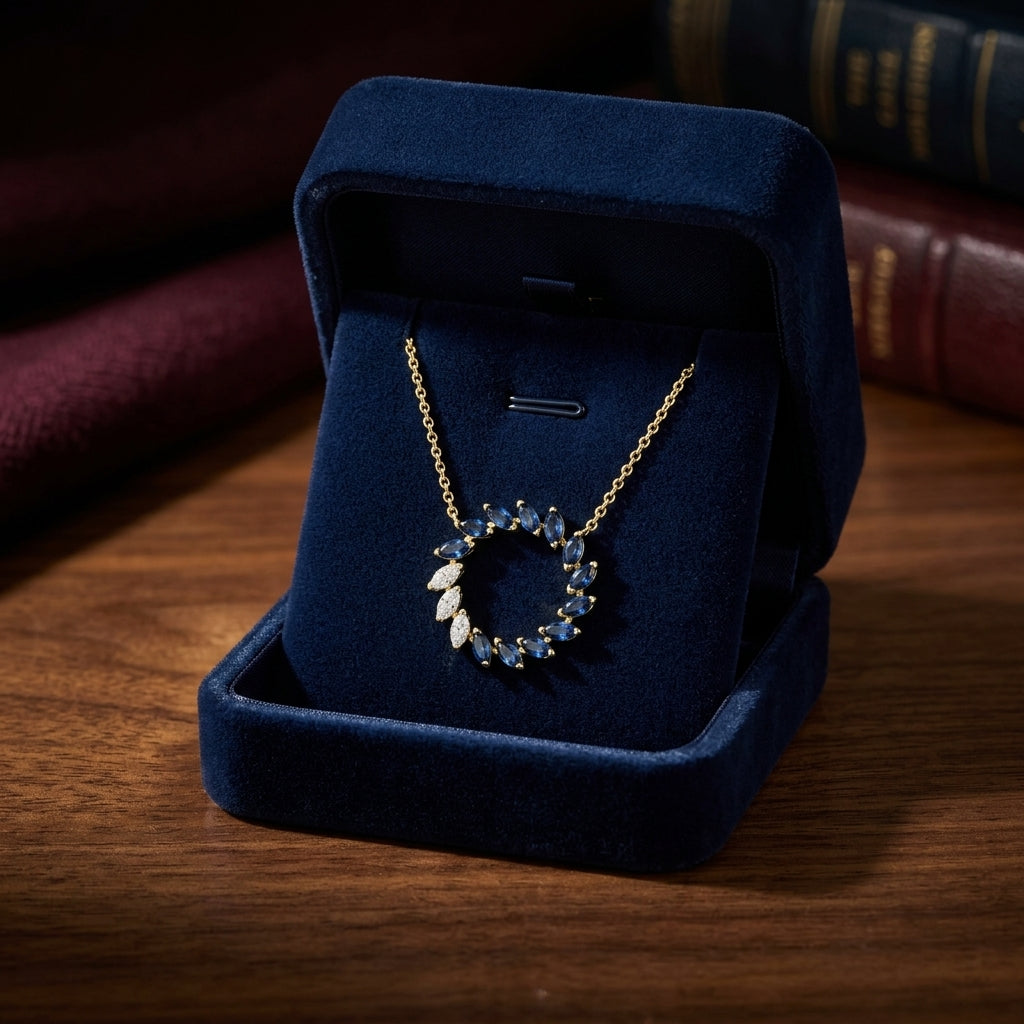 Sapphire And Diamond Marquise Wreath Necklace In 14k Yellow Gold 1/5ctw — gift presentation