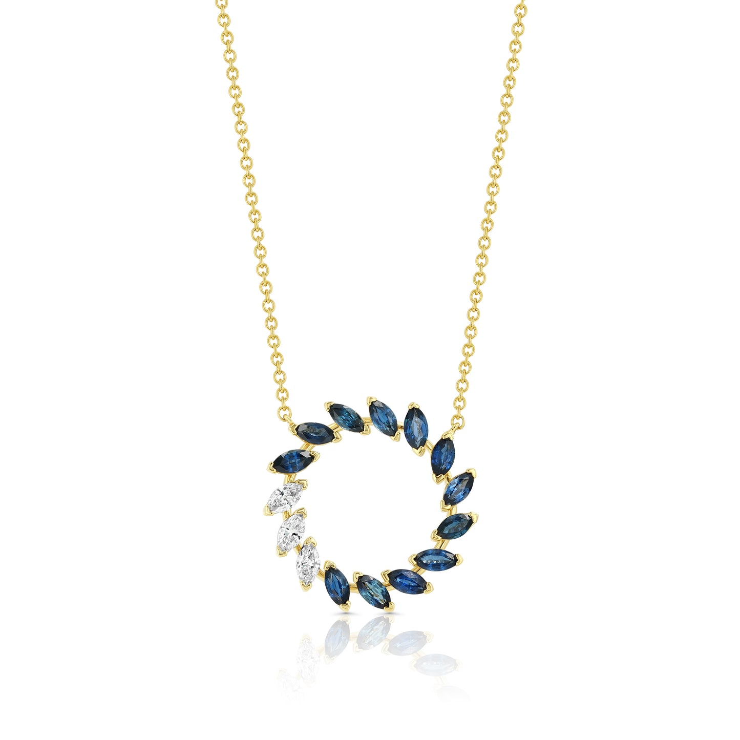 Sapphire And Diamond Marquise Wreath Necklace In 14k Yellow Gold 1/5ctw