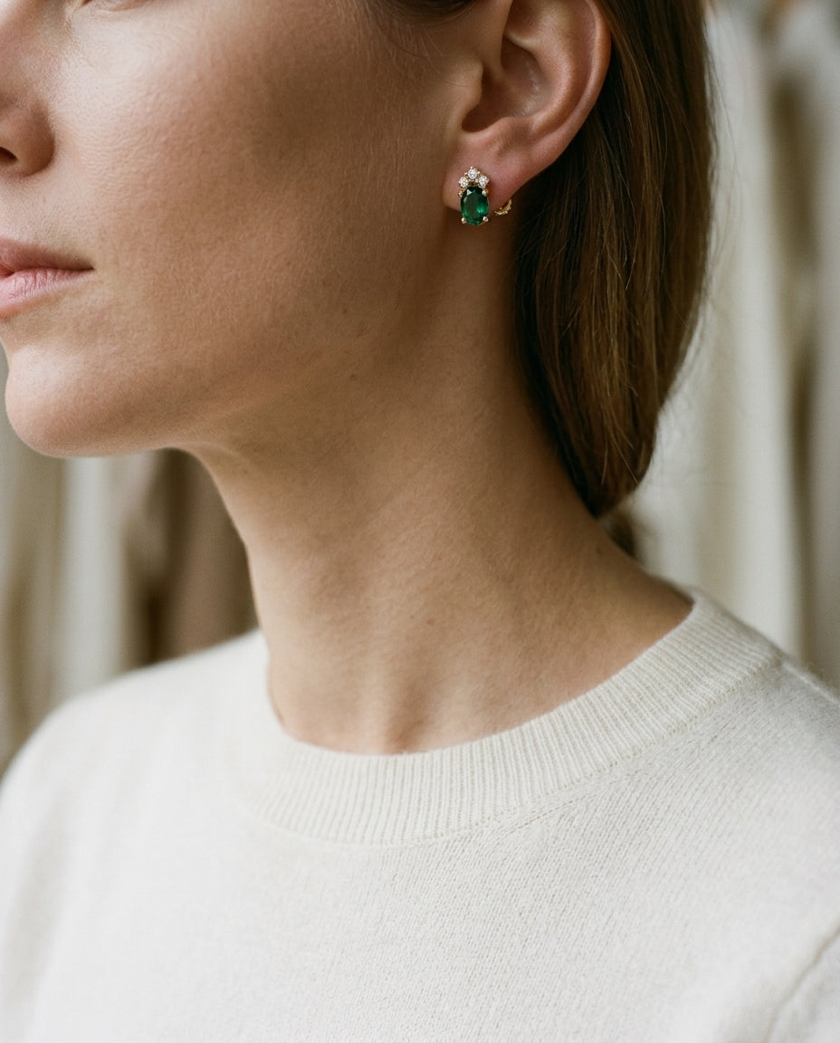 Diamond And Emerald Earrings In 14k Yellow Gold — editorial close-up