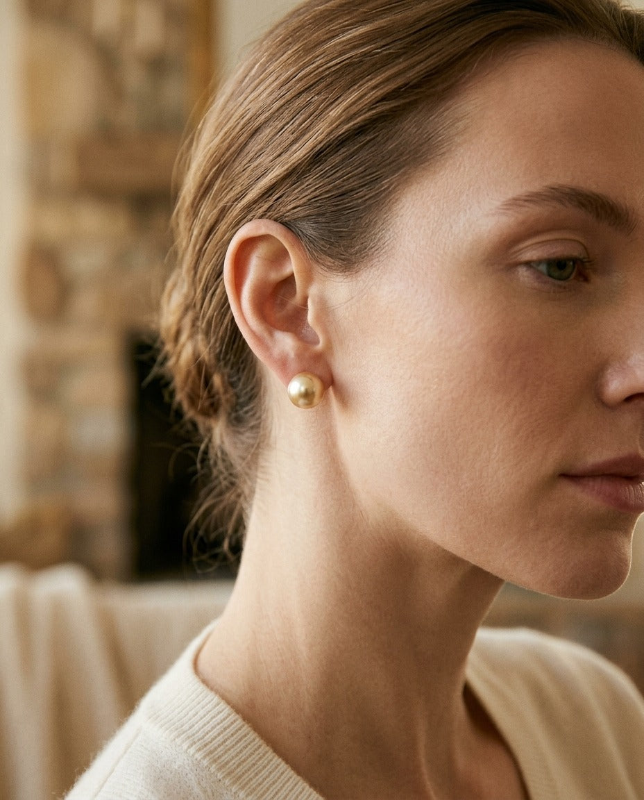 Golden South Sea Pearl Stud Earrings In 14k Yellow Gold (9.5-10mm) — portrait close