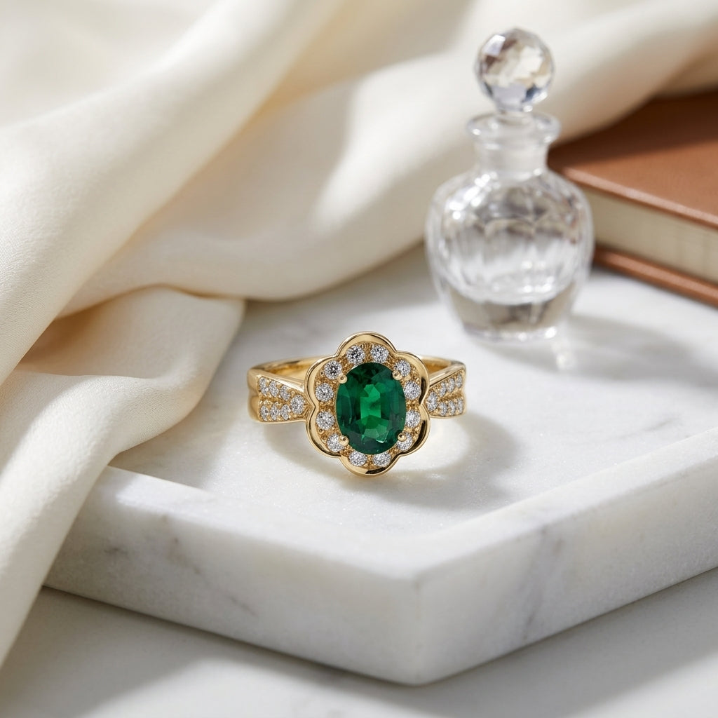 Created Emerald And Diamond Oval Floral Ring In 14k Yellow Gold — atelier still life