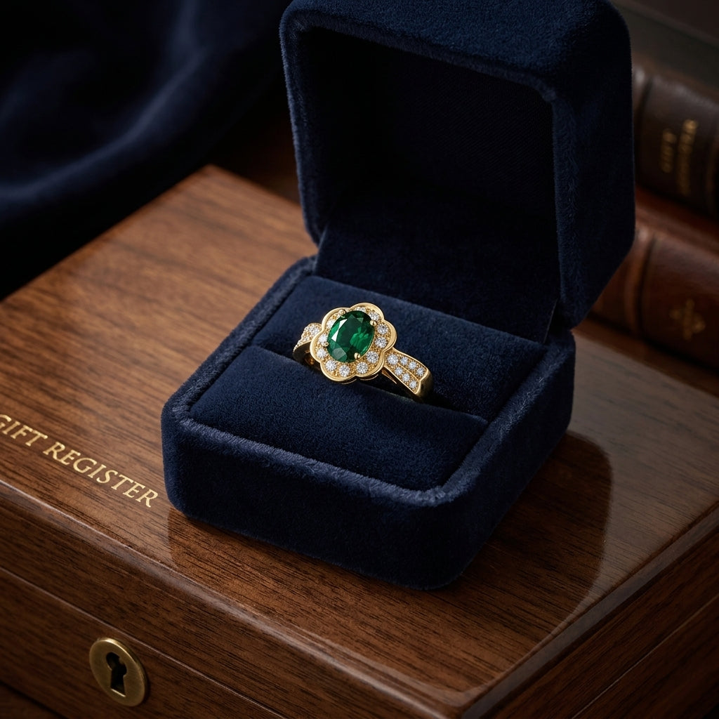 Created Emerald And Diamond Oval Floral Ring In 14k Yellow Gold — gift presentation