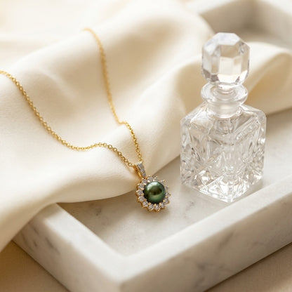 Black Tahitian Pearl And Diamond Prong Halo Pendant 14k Yellow Gold — marble silk