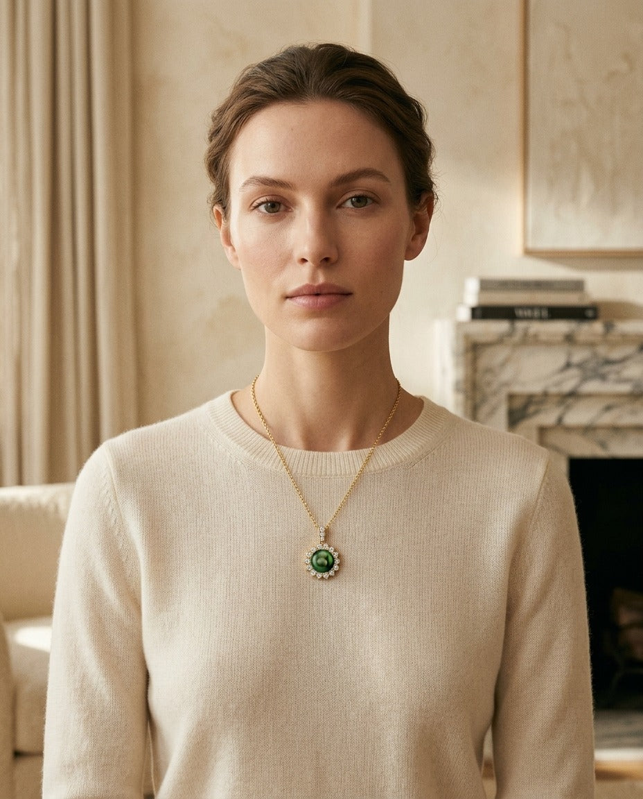 Black Tahitian Pearl And Diamond Prong Halo Pendant 14k Yellow Gold — portrait close