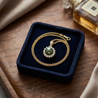 Black Tahitian Pearl And Diamond Prong Halo Pendant 14k Yellow Gold — velvet box