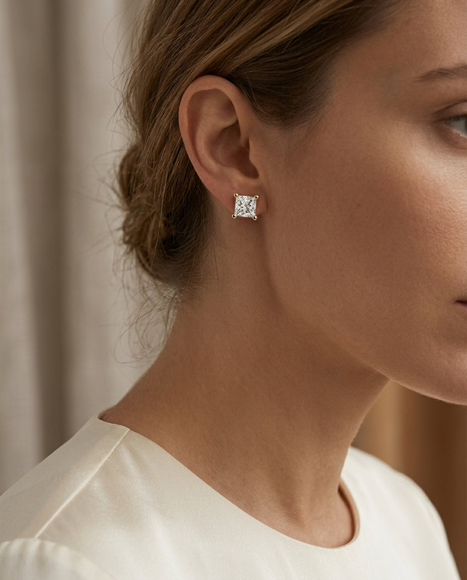 14k Yellow Gold 4-prong Princess Diamond Stud Earrings (1.07 Ct. T.w., Vs1-vs2 Clarity, H-i Color) — editorial close-up