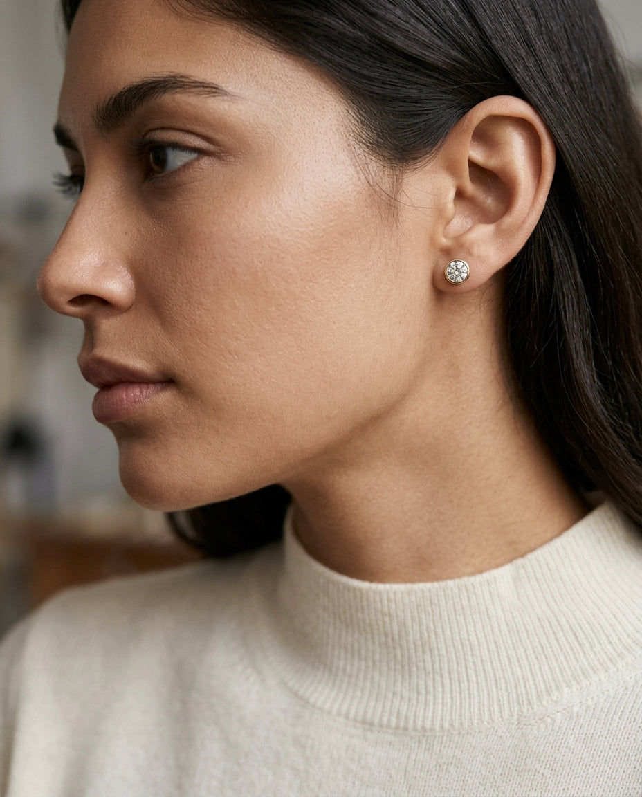 14k Yellow Gold Bezel Set Round Brilliant Diamond Stud Earrings (0.75 Ct. T.w., Vs1-vs2 Clarity, H-i Color) — editorial close-up