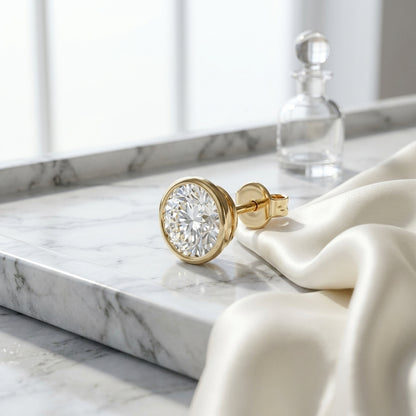 14k Yellow Gold Bezel Set Round Brilliant Diamond Stud Earrings (0.75 Ct. T.w., Si1-si2 Clarity, J-k Color) — atelier still life